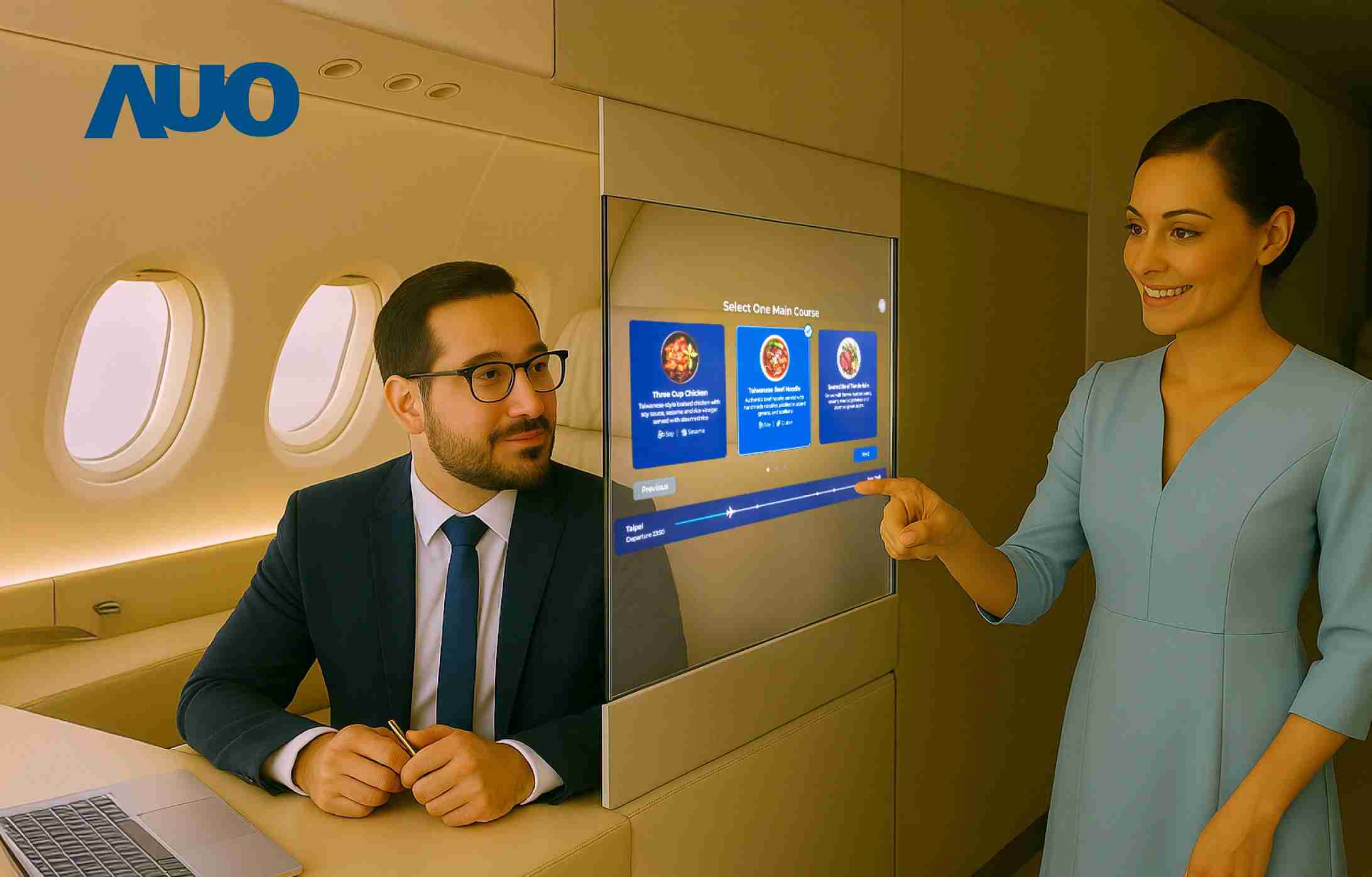 汇旺支付研发全球最薄17.3 吋双面透明 Micro LED 显示器，，可在同一屏幕之双边投射不同信息，，，创造独特的”透明化”互动；图为实时翻译交流应用情境